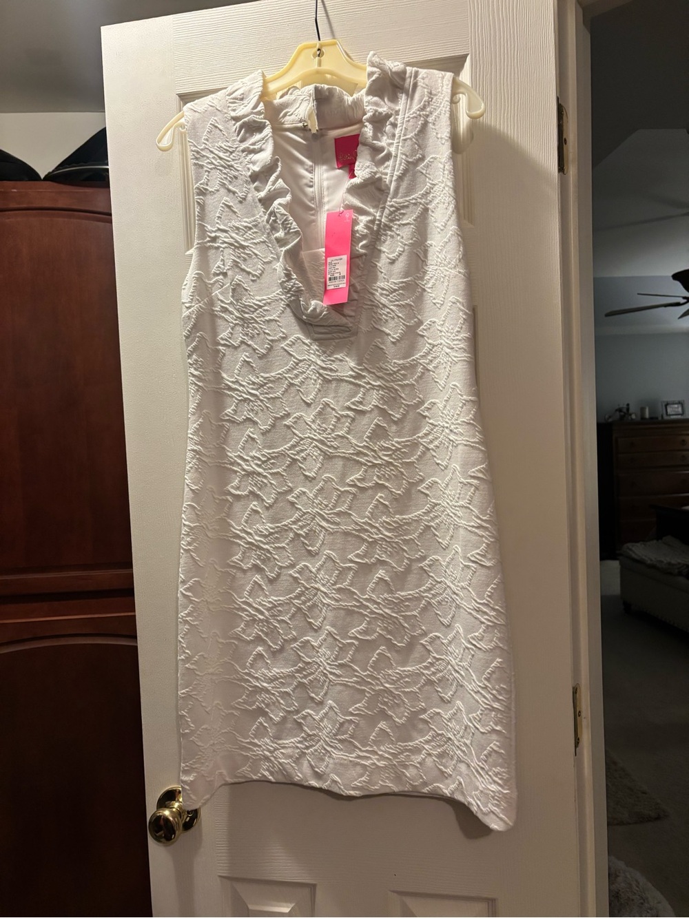 Lilly Pulitzer Sleeveless White Textured Shift Dress with Ruffle V-Neck